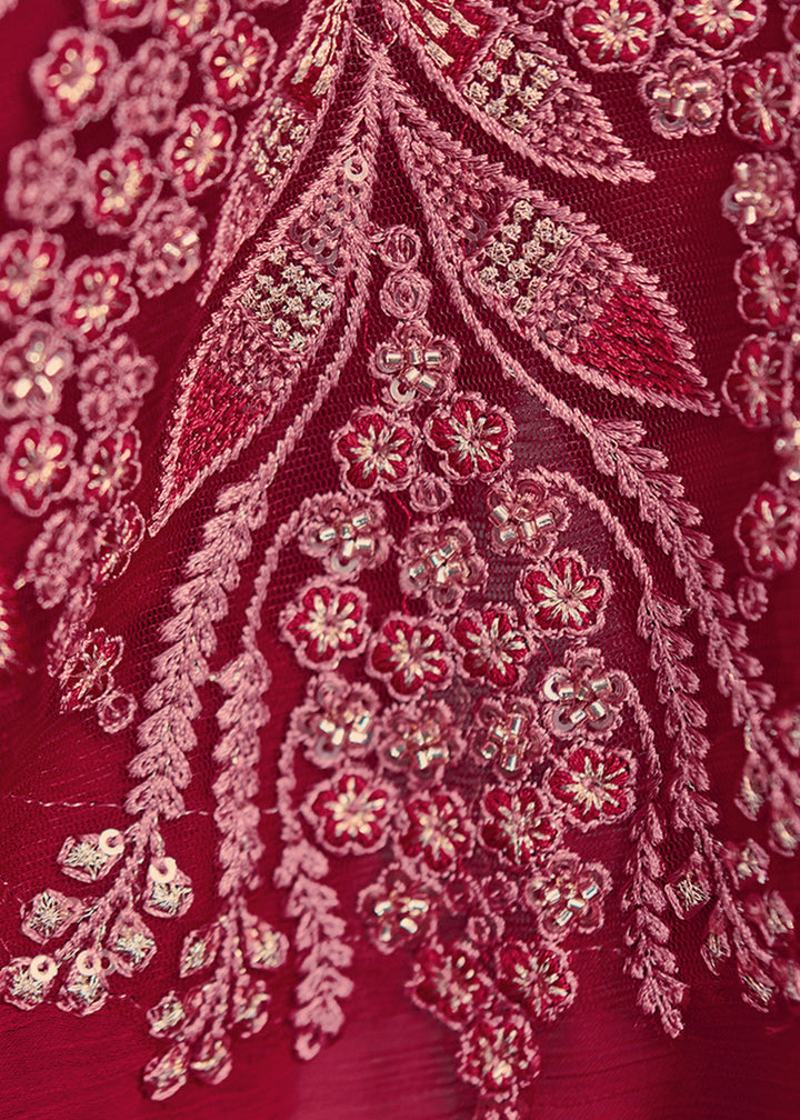 Cherry Red Silk Chiffon Saree with Sequin &amp; Threadwork Pallu with Designer Blouse