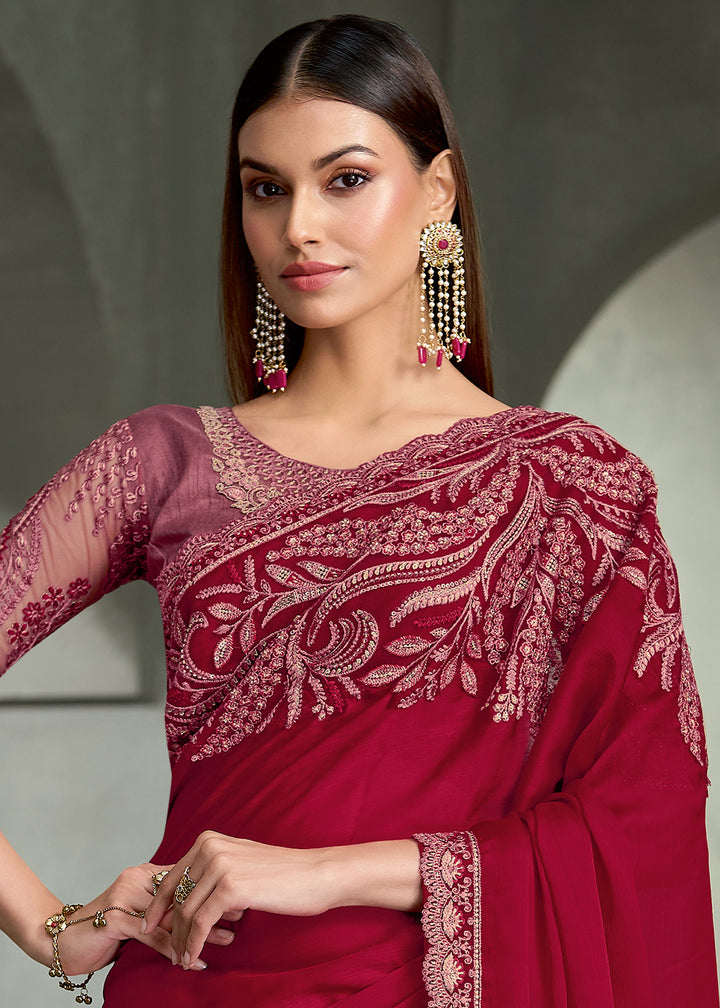 Cherry Red Silk Chiffon Saree with Sequin &amp; Threadwork Pallu with Designer Blouse