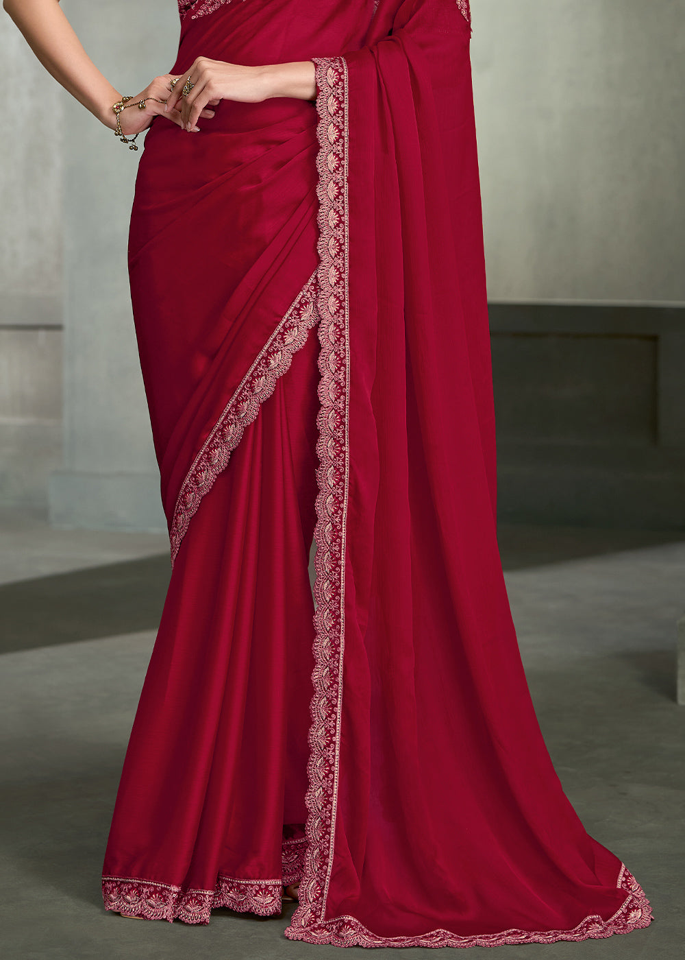 Cherry Red Silk Chiffon Saree with Sequin &amp; Threadwork Pallu with Designer Blouse