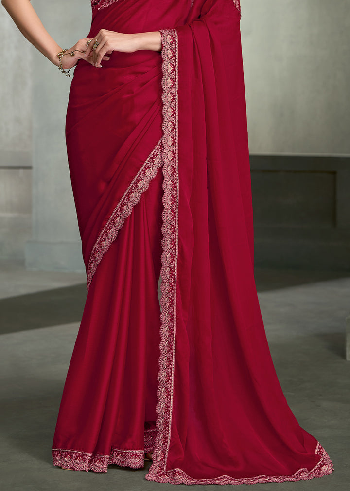 Cherry Red Silk Chiffon Saree with Sequin &amp; Threadwork Pallu with Designer Blouse