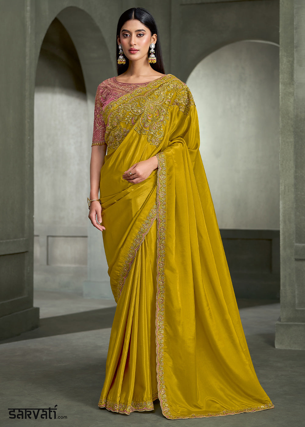 Mustard Yellow Crepe Silk Saree with Sequin and threadwork Pallu and Designer Blouse.
