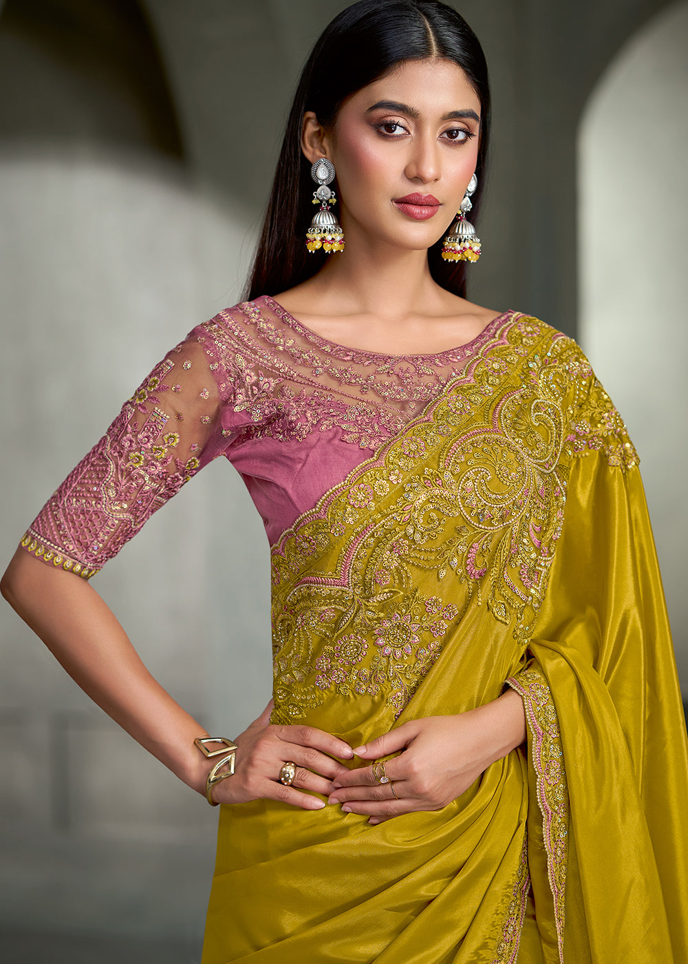 Mustard Yellow Crepe Silk Saree with Sequin and threadwork Pallu and Designer Blouse.