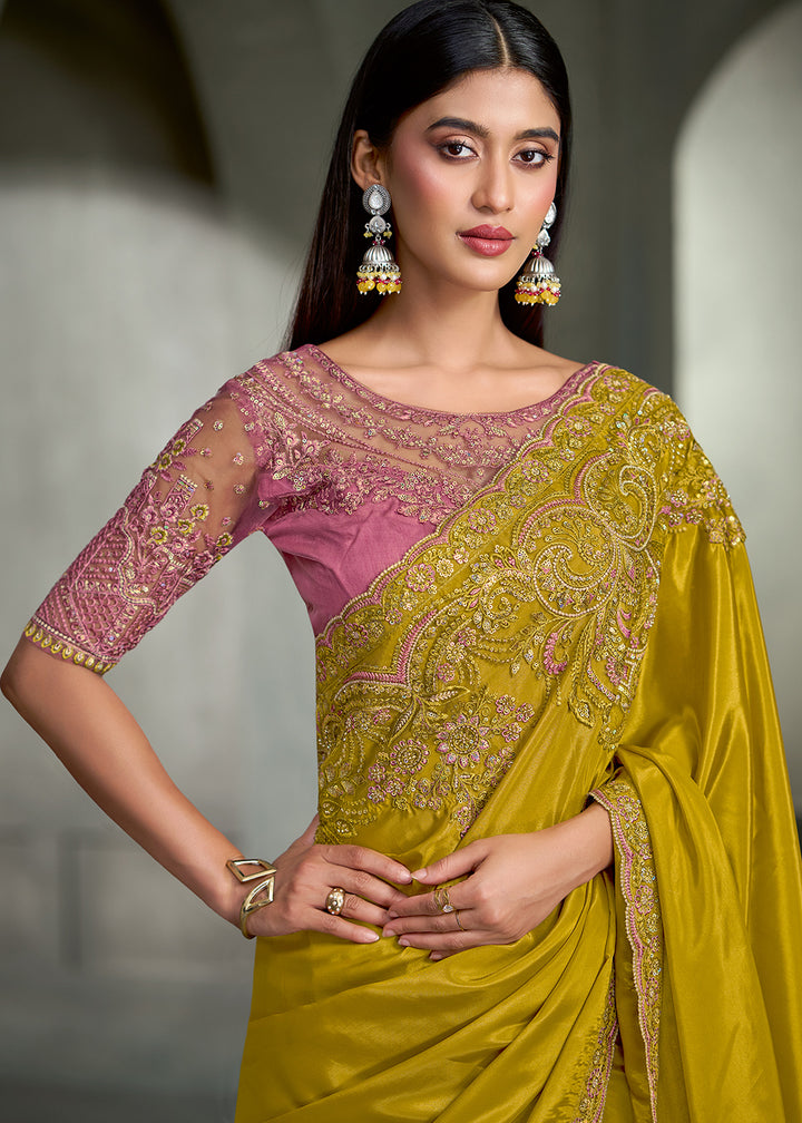 Mustard Yellow Crepe Silk Saree with Sequin and threadwork Pallu and Designer Blouse.