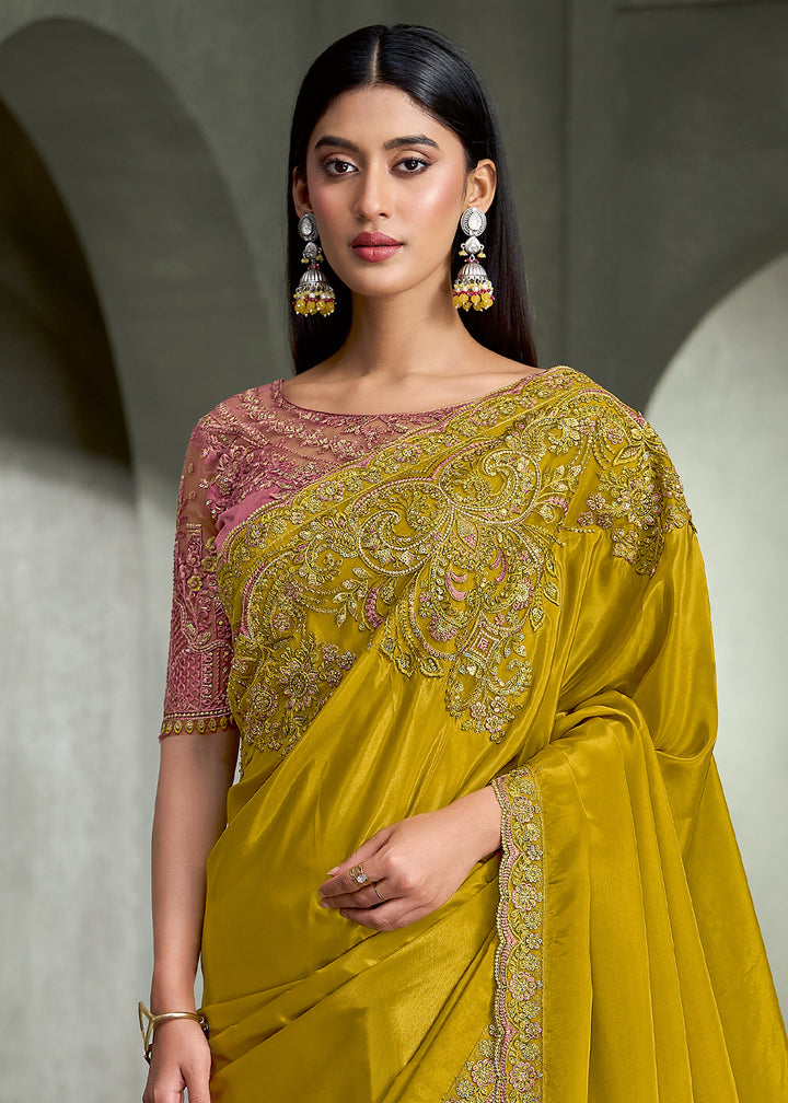 Mustard Yellow Crepe Silk Saree with Sequin and threadwork Pallu and Designer Blouse.