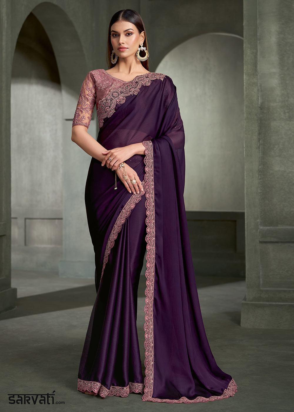 Royal Purple Satin Silk Chiffon Saree with Sequin and Threadwork Pallu | Designer Indian Saree