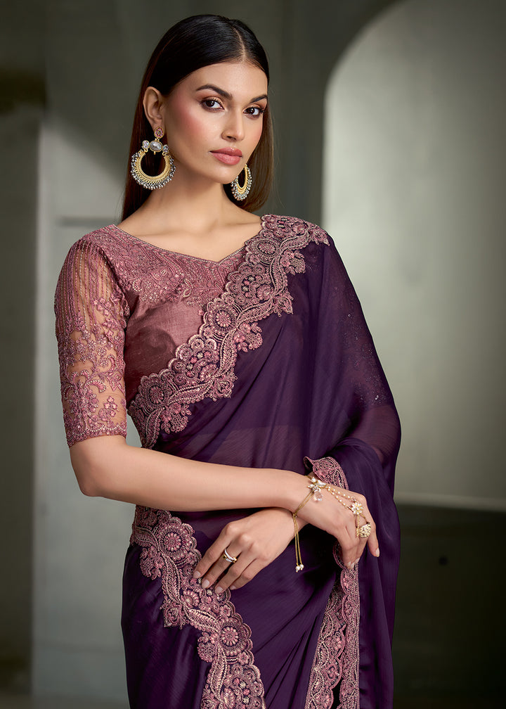 Royal Purple Satin Silk Chiffon Saree with Sequin and Threadwork Pallu | Designer Indian Saree