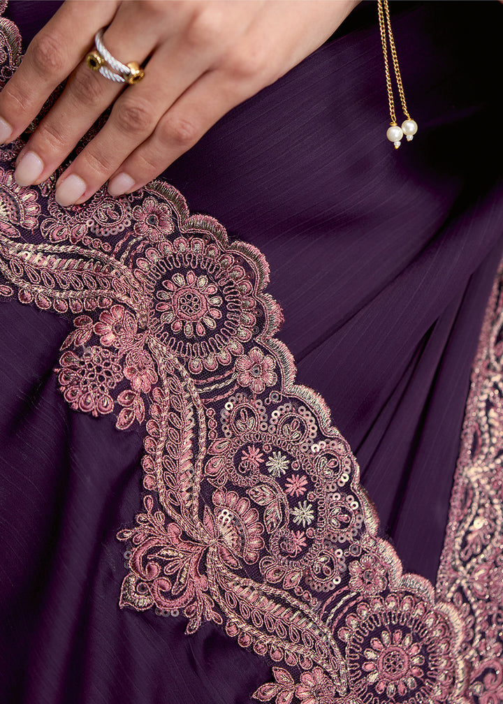 Royal Purple Satin Silk Chiffon Saree with Sequin and Threadwork Pallu | Designer Indian Saree