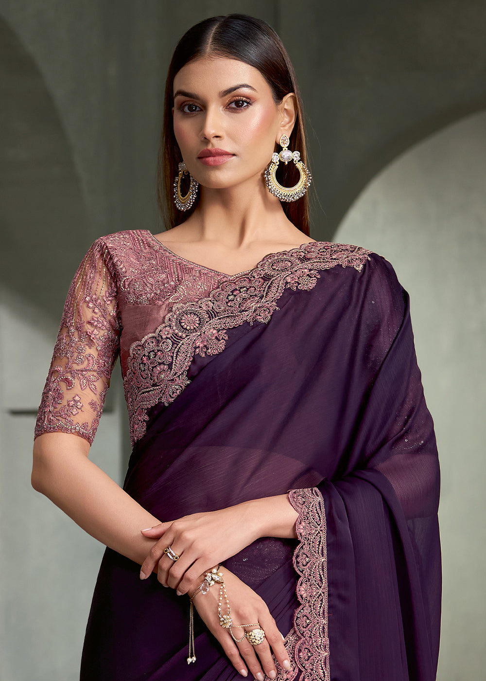 Royal Purple Satin Silk Chiffon Saree with Sequin and Threadwork Pallu | Designer Indian Saree