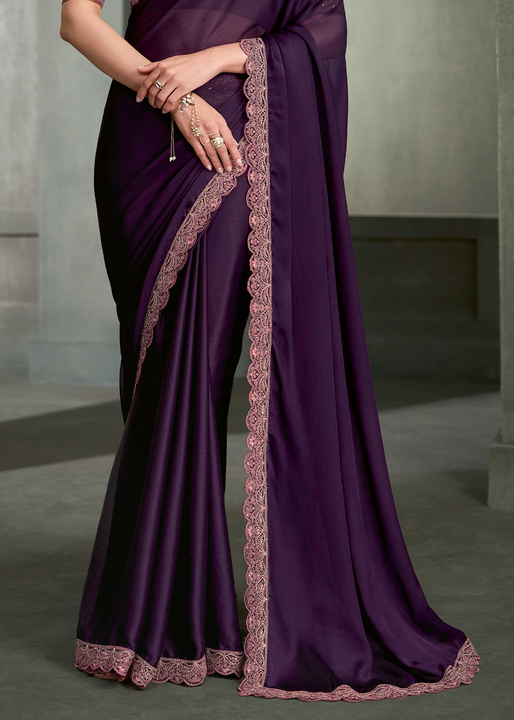 Royal Purple Satin Silk Chiffon Saree with Sequin and Threadwork Pallu | Designer Indian Saree