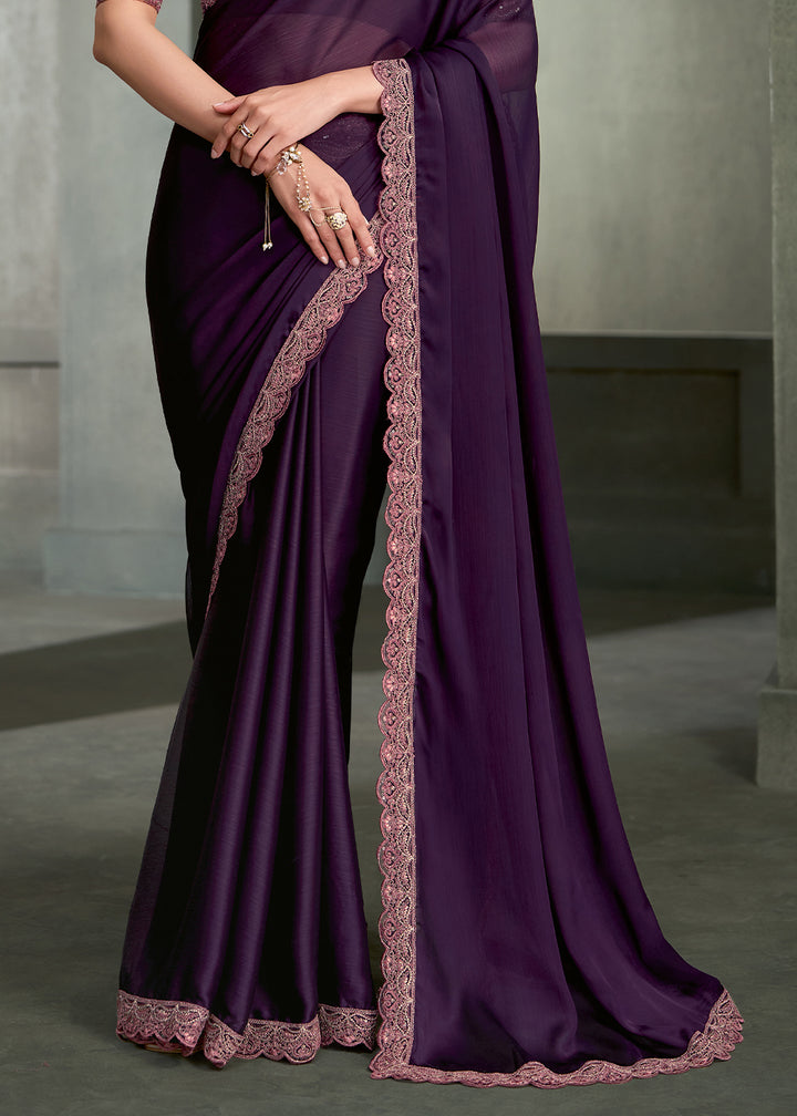 Royal Purple Satin Silk Chiffon Saree with Sequin and Threadwork Pallu | Designer Indian Saree