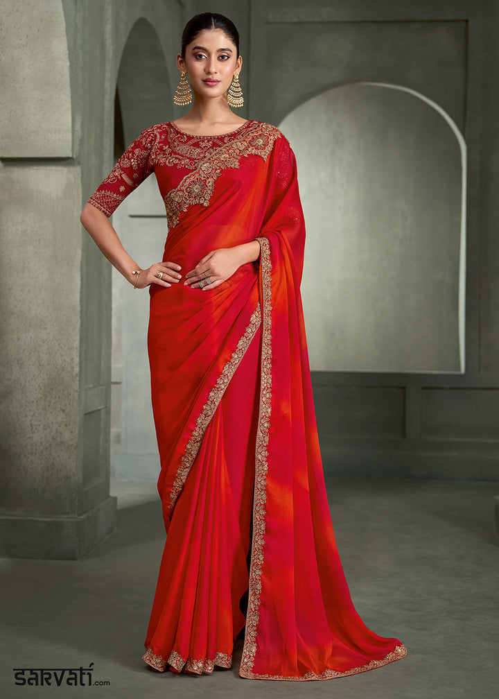 Red and orange chiffon shaded Embroidered saree with Georgette work blouse