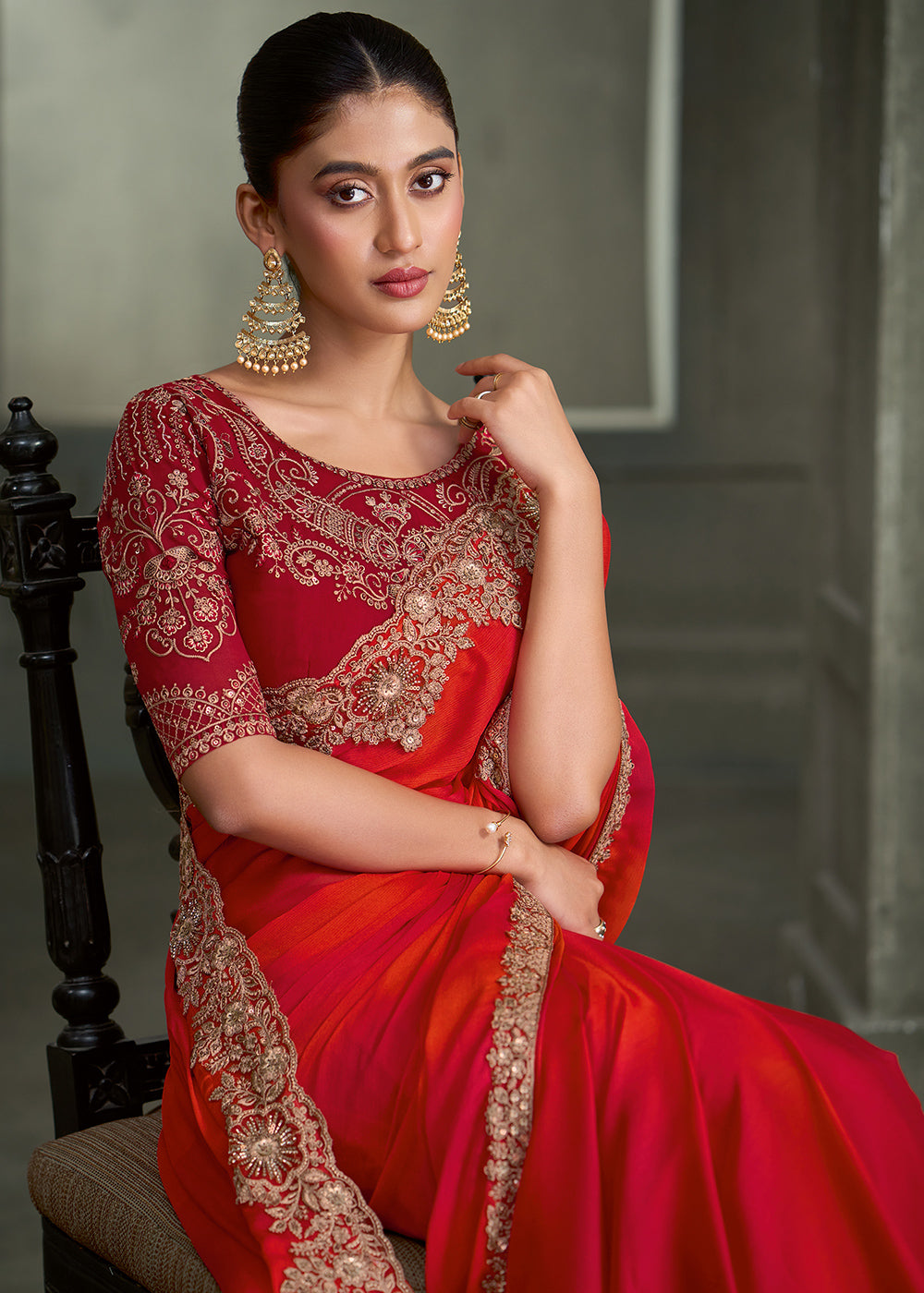 Red and orange chiffon shaded Embroidered saree with Georgette work blouse