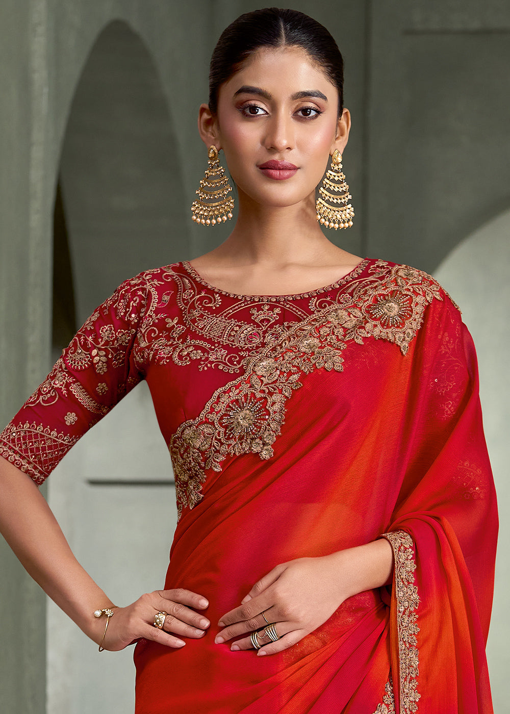 Red and orange chiffon shaded Embroidered saree with Georgette work blouse