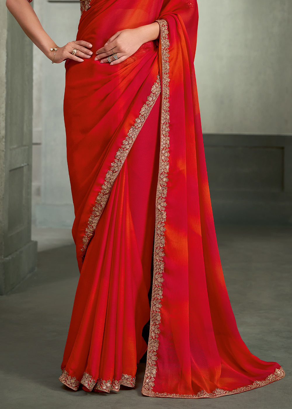 Red and orange chiffon shaded Embroidered saree with Georgette work blouse