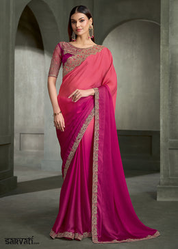 Pink & Magenta Ombre satin chiffon saree with sequin embellished bordered pallu