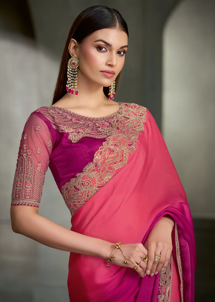 Pink &amp; Magenta Ombre satin chiffon saree with sequin embellished bordered pallu