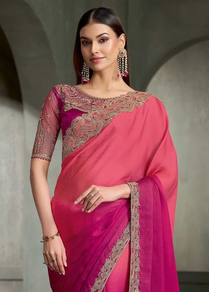 Pink &amp; Magenta Ombre satin chiffon saree with sequin embellished bordered pallu