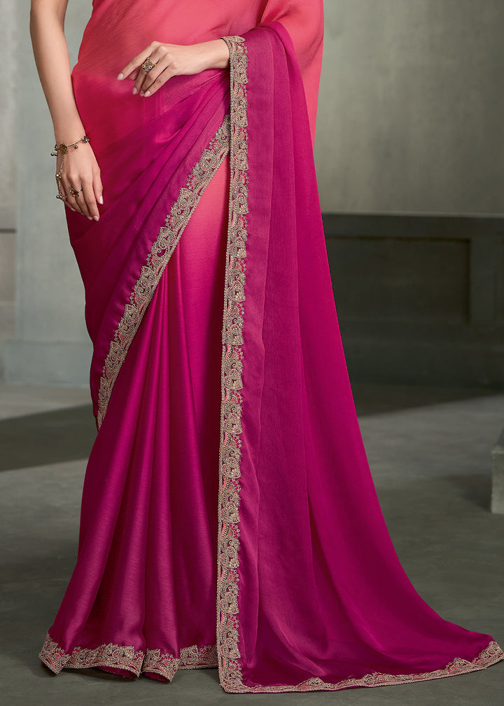 Pink &amp; Magenta Ombre satin chiffon saree with sequin embellished bordered pallu