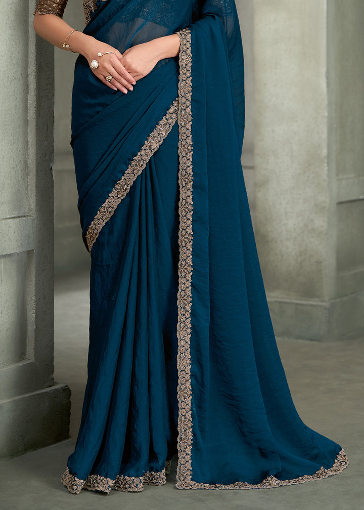 Peacock Blue Georgette Saree with Embroidered Border &amp; Designer Blouse