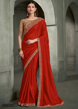 Burnt Orange Crape Silk Saree with Embroidered Border & contrast Designer Blouse