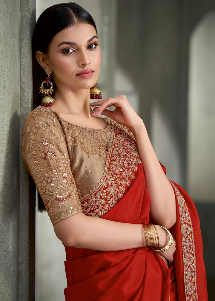 Burnt Orange Crape Silk Saree with Embroidered Border &amp; contrast Designer Blouse