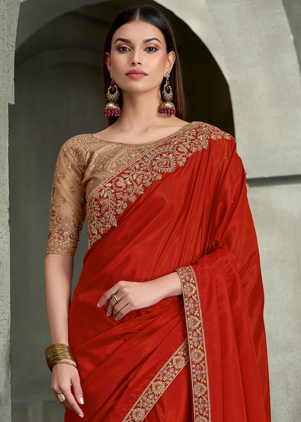 Burnt Orange Crape Silk Saree with Embroidered Border &amp; contrast Designer Blouse