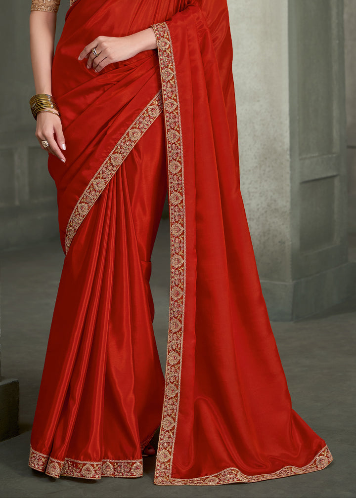 Burnt Orange Crape Silk Saree with Embroidered Border &amp; contrast Designer Blouse