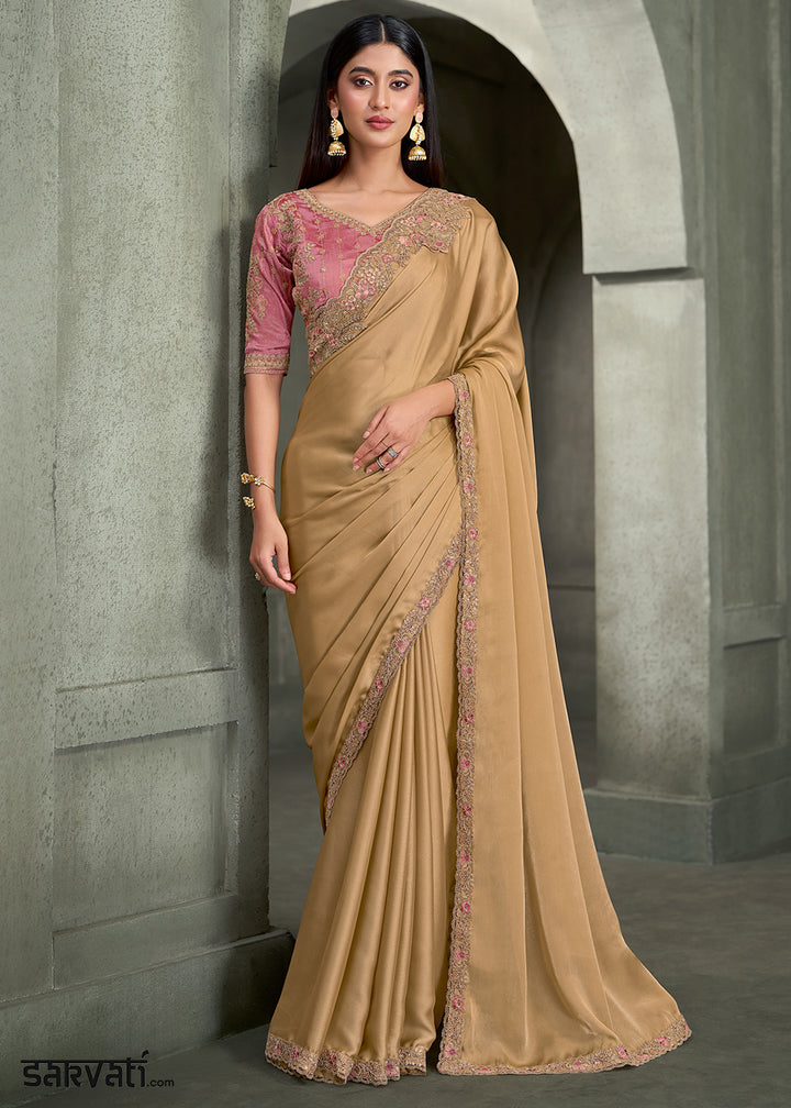Champagne Gold Satin Saree with Fine Embroidered Border &amp; Contrast Designer Blouse