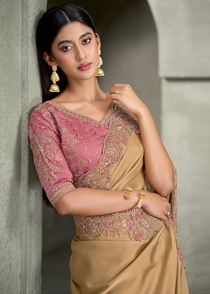 Champagne Gold Satin Saree with Fine Embroidered Border &amp; Contrast Designer Blouse