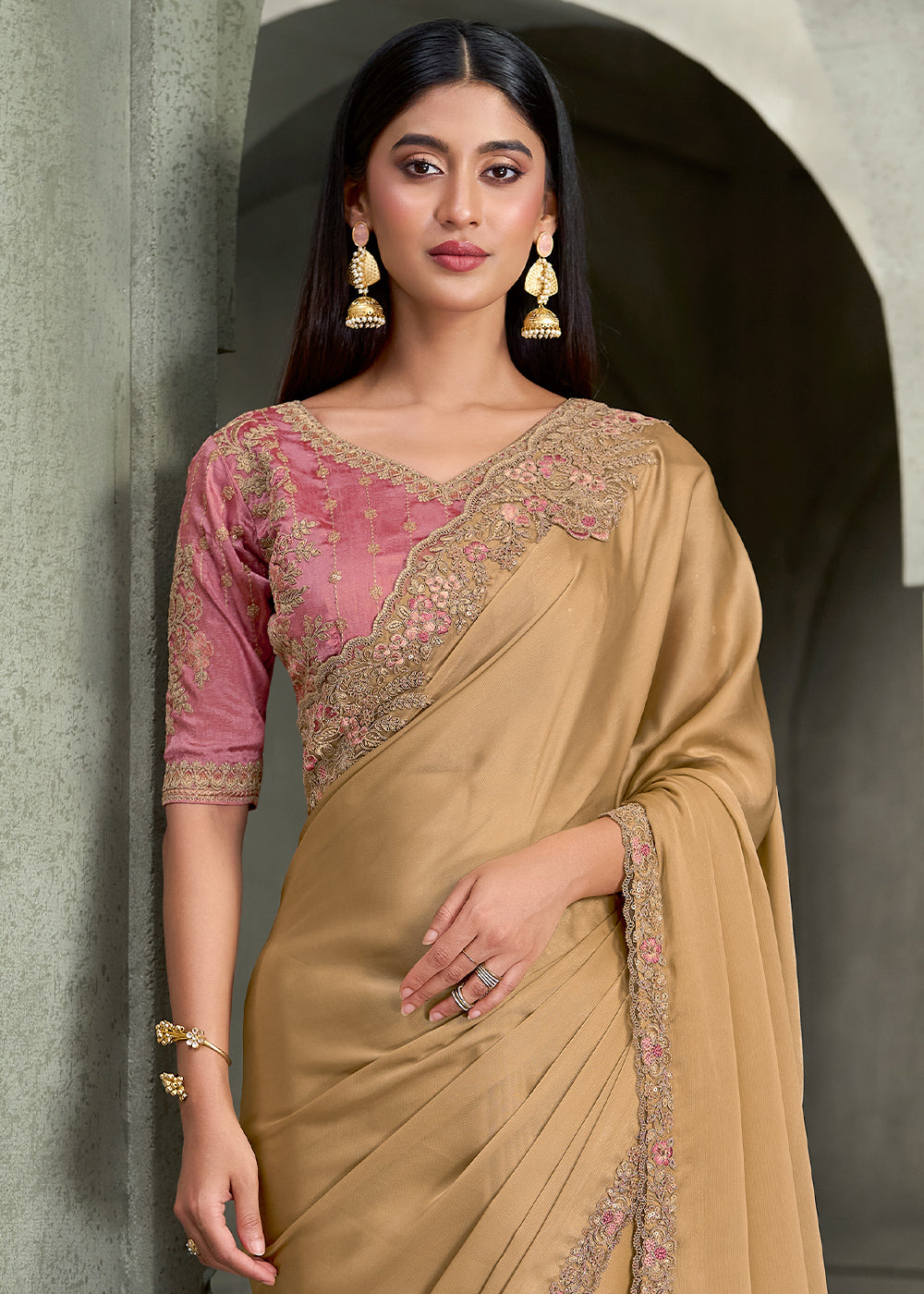 Champagne Gold Satin Saree with Fine Embroidered Border &amp; Contrast Designer Blouse