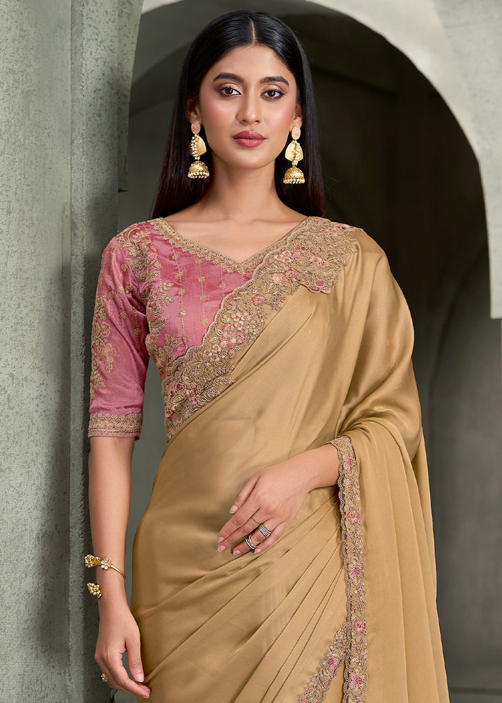 Champagne Gold Satin Saree with Fine Embroidered Border &amp; Contrast Designer Blouse