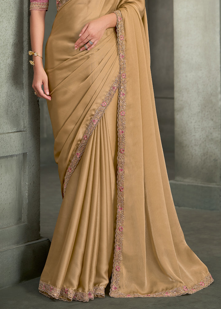 Champagne Gold Satin Saree with Fine Embroidered Border &amp; Contrast Designer Blouse