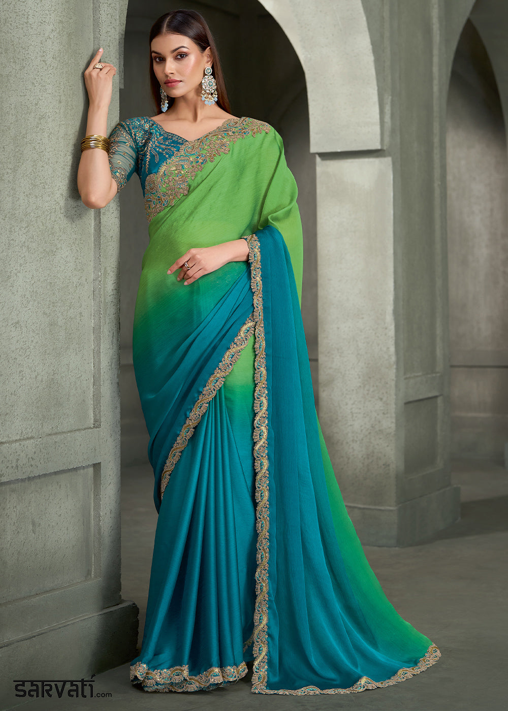 Teal Blue &amp; Parrot Green Ombre Satin Chiffon Saree with Zari Embroidered Scallop Border