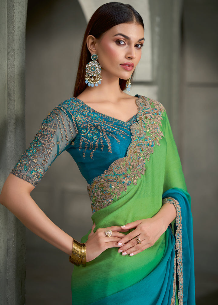 Teal Blue &amp; Parrot Green Ombre Satin Chiffon Saree with Zari Embroidered Scallop Border