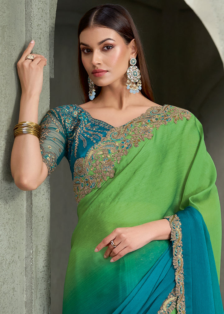 Teal Blue &amp; Parrot Green Ombre Satin Chiffon Saree with Zari Embroidered Scallop Border