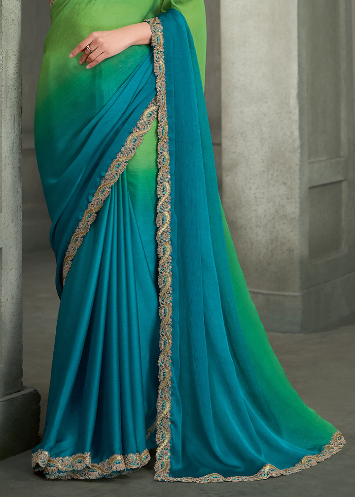 Teal Blue &amp; Parrot Green Ombre Satin Chiffon Saree with Zari Embroidered Scallop Border