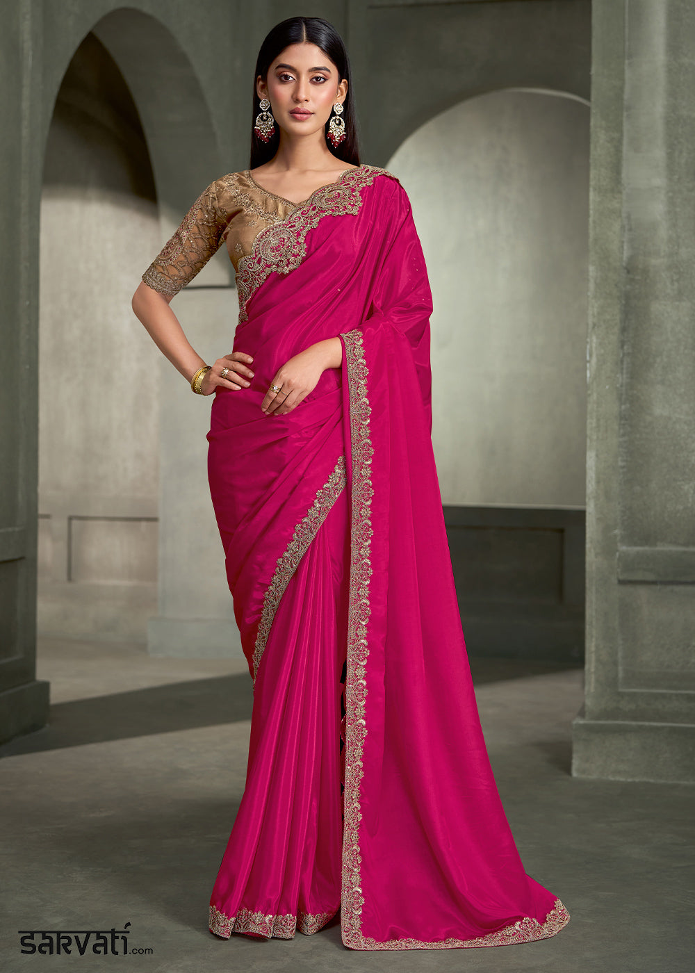 Rani Pink Crepe Silk Saree with Antique Gold Zari &amp; Threadwork