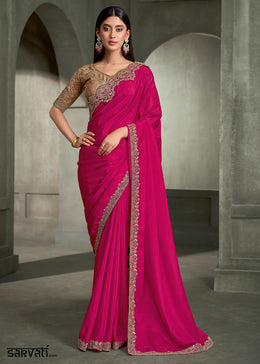 Rani Pink Crepe Silk Saree with Antique Gold Zari & Threadwork