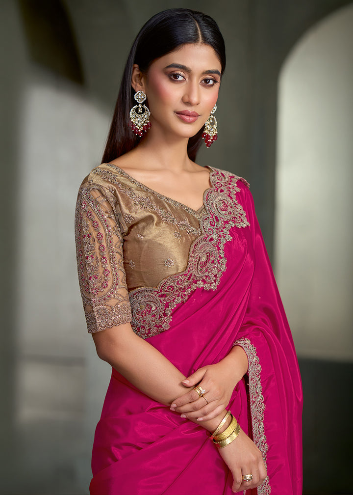 Rani Pink Crepe Silk Saree with Antique Gold Zari &amp; Threadwork