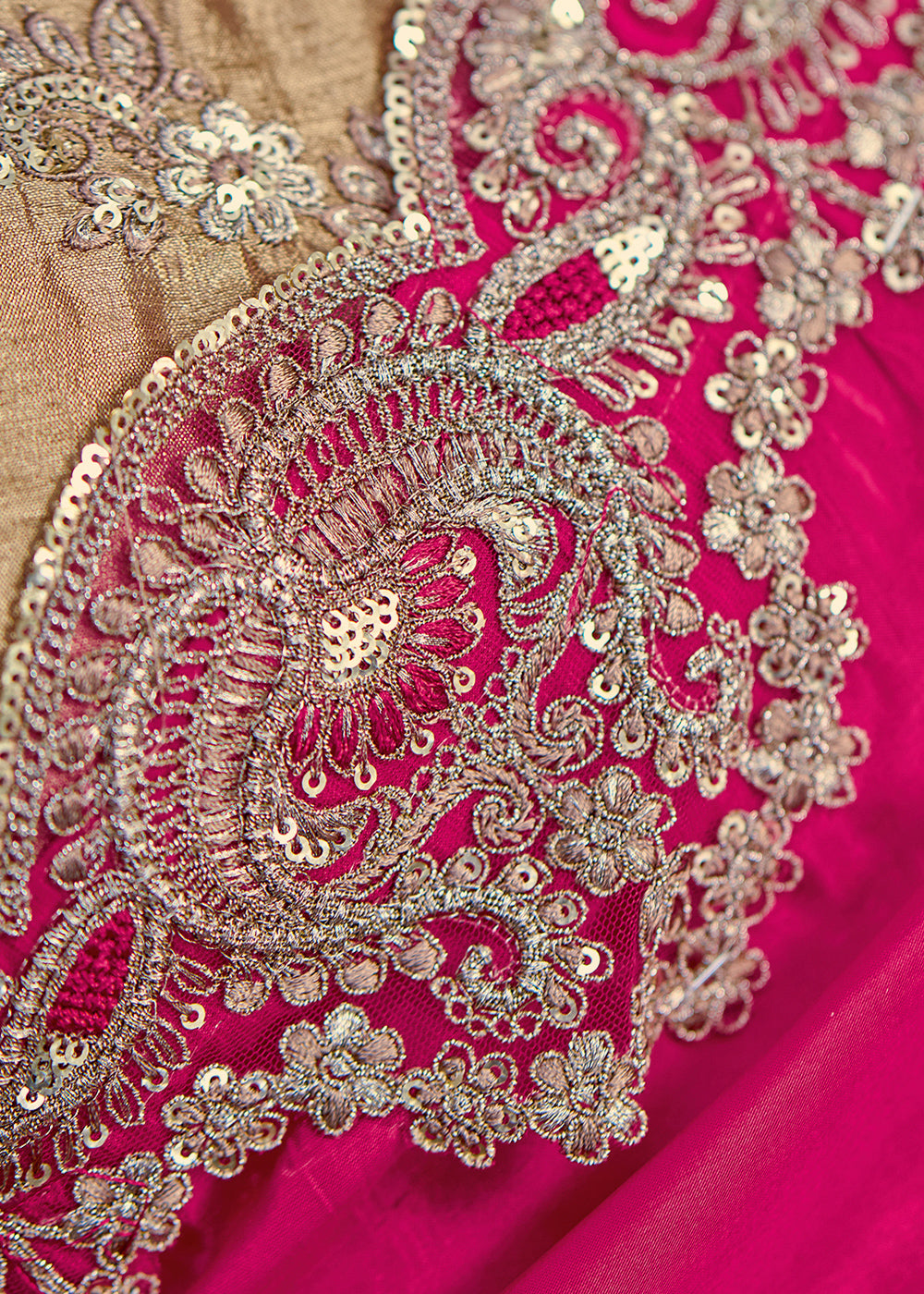 Rani Pink Crepe Silk Saree with Antique Gold Zari &amp; Threadwork