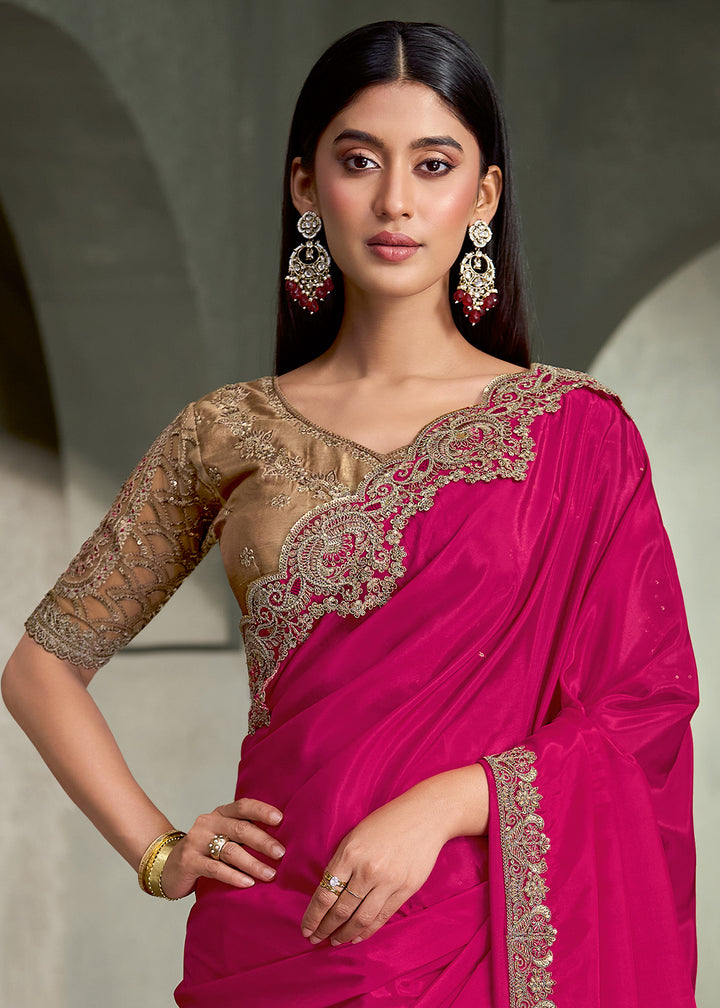 Rani Pink Crepe Silk Saree with Antique Gold Zari &amp; Threadwork