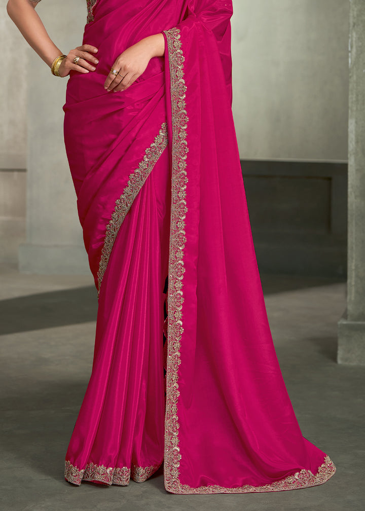 Rani Pink Crepe Silk Saree with Antique Gold Zari &amp; Threadwork