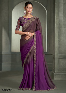 Deep Plum & Wine Purple Ombre Chiffon with Saree with Zari and Resham Embroidered Border