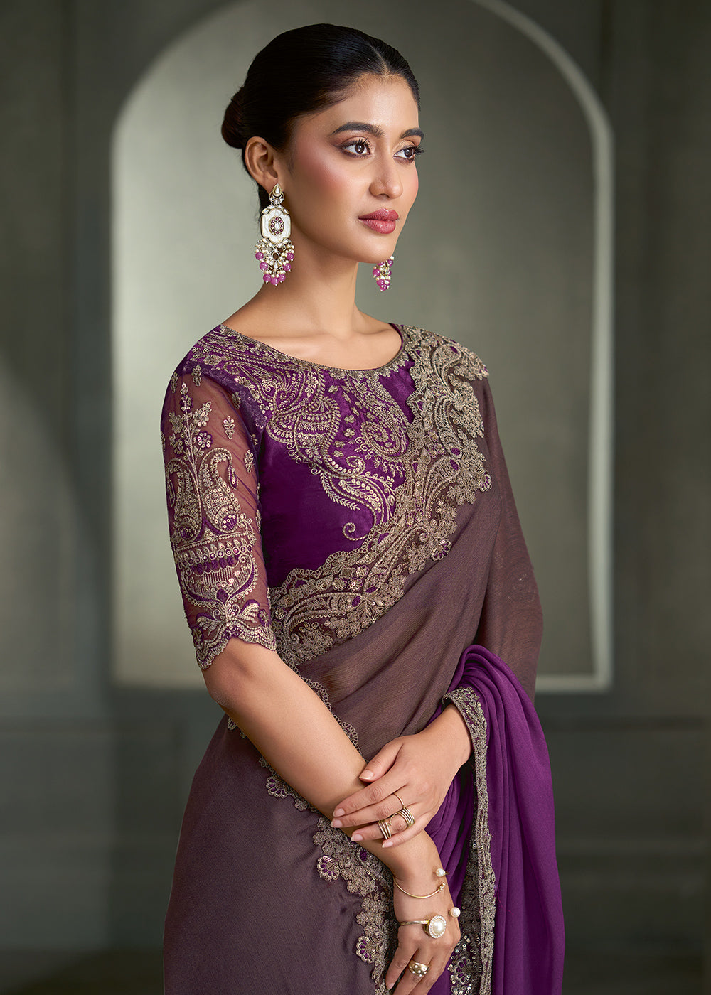 Deep Plum & Wine Purple Ombre Chiffon with Saree with Zari and Resham Embroidered Border