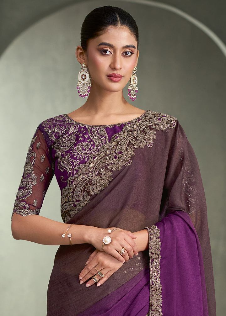 Deep Plum &amp; Wine Purple Ombre Chiffon with Saree with Zari and Resham Embroidered Border