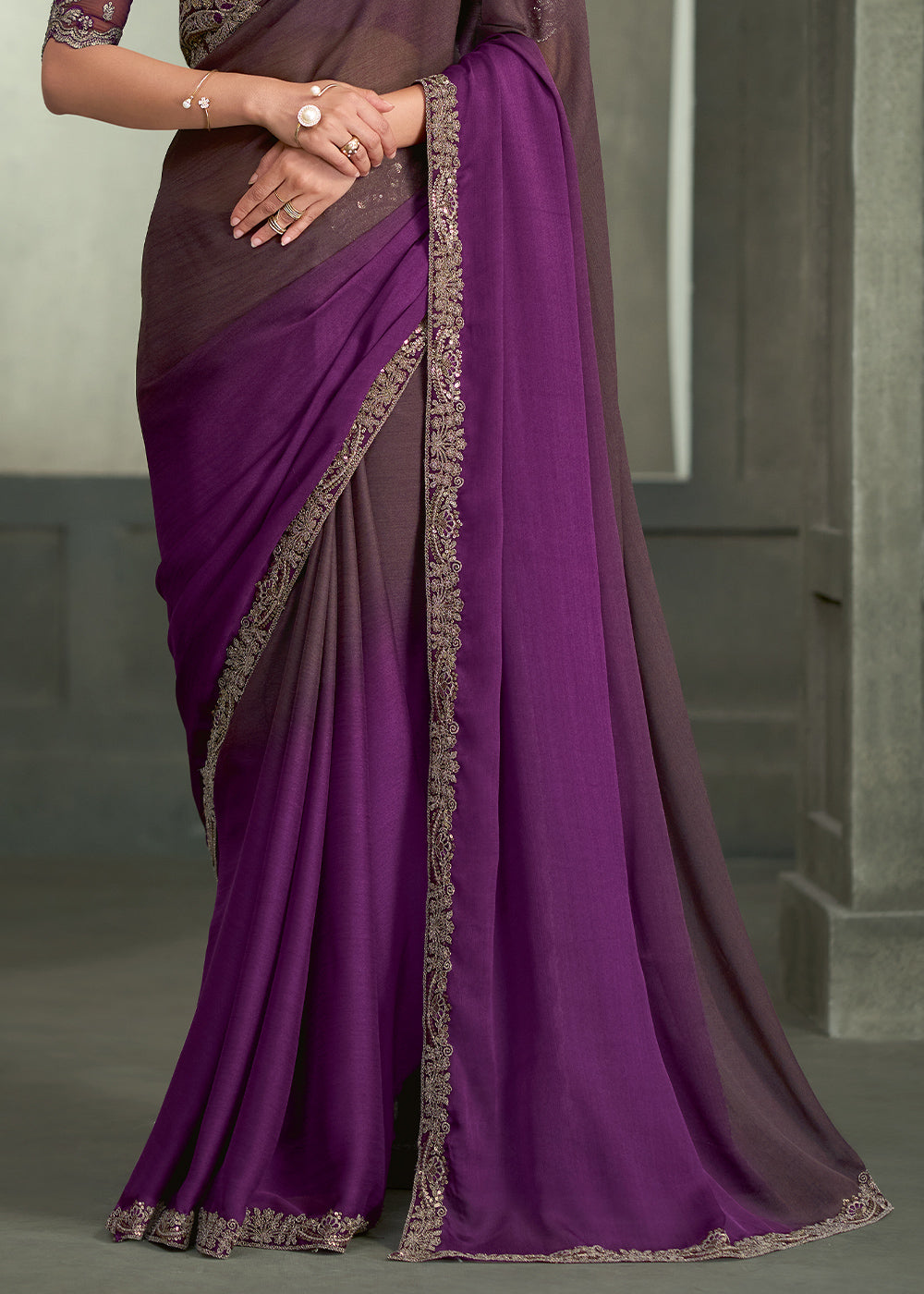 Deep Plum &amp; Wine Purple Ombre Chiffon with Saree with Zari and Resham Embroidered Border