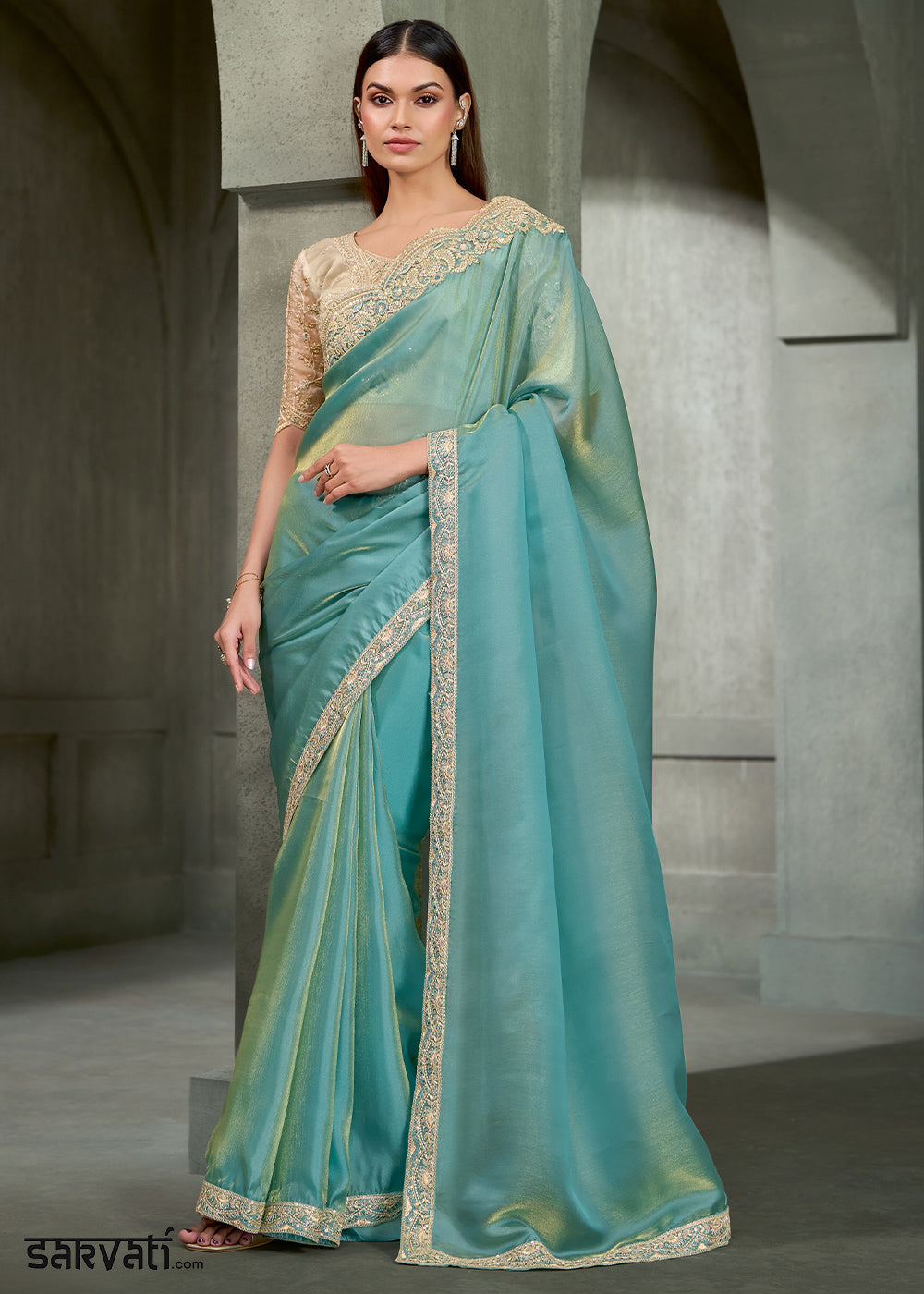 Aqua Blue &amp; Gold Shimmer Dual Tone Tissue Silk Saree with Zari Embroidered Border