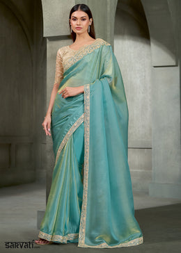 Aqua Blue & Gold Shimmer Dual Tone Tissue Silk Saree with Zari Embroidered Border