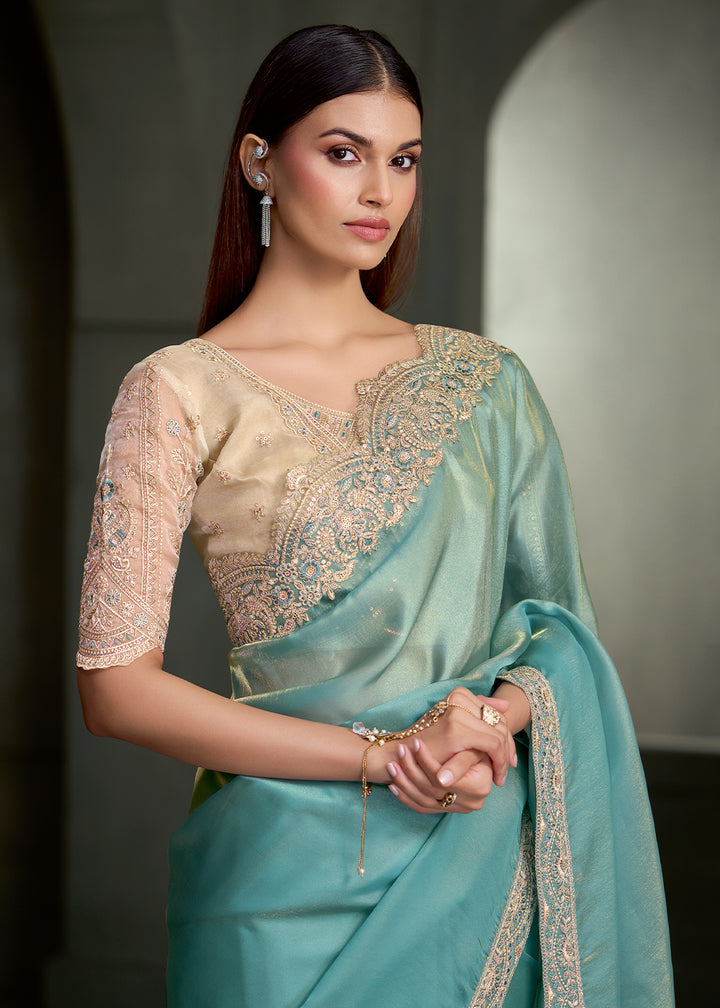 Aqua Blue &amp; Gold Shimmer Dual Tone Tissue Silk Saree with Zari Embroidered Border