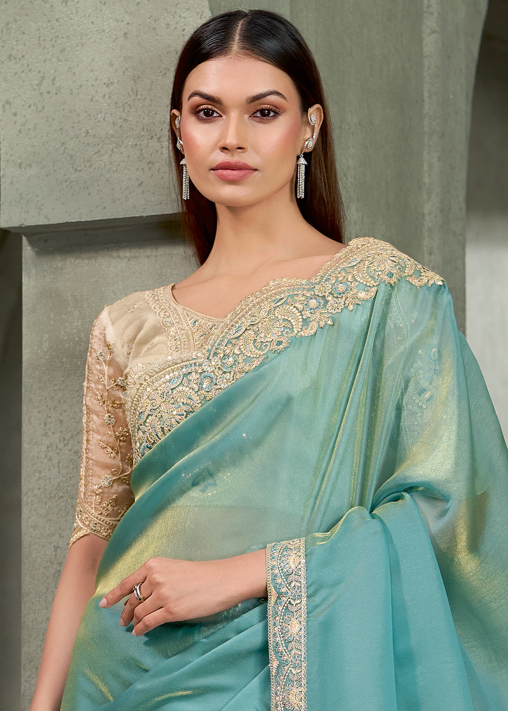 Aqua Blue &amp; Gold Shimmer Dual Tone Tissue Silk Saree with Zari Embroidered Border